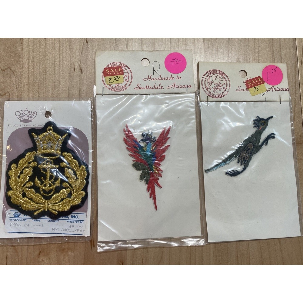 Vintage Sewing Applique Patch Lot Phoenix Roadrunner Anchor Crown Originals 3pc